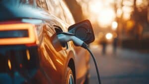 Voiture électrique sombre en charge, câble branché sur le côté. Reflets oranges sur la carrosserie, lumières bokeh floues.