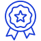 Badge Qualité et Succès : Votre Récompense Étoilée Icône pixelisée bleue de badge de récompense avec étoile centrale, symbolisant qualité ou succès.