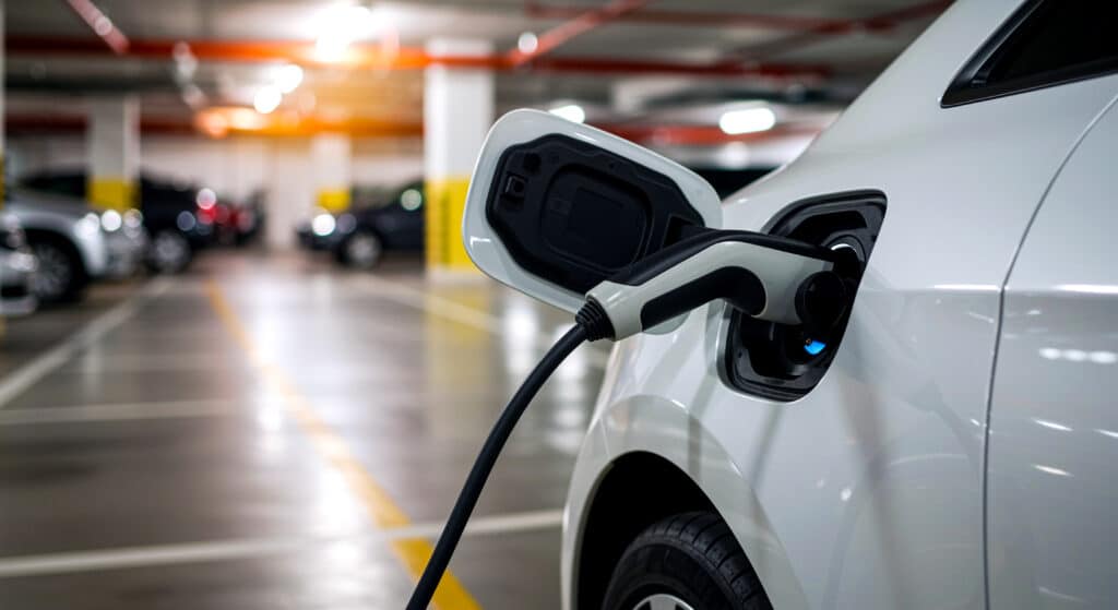 Voiture Électrique en Charge : Praticité du Rechargement VE Recharge d'une voiture électrique blanche dans un parking souterrain. Câble branché au port de charge lumineux en bleu.