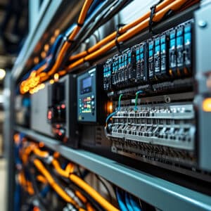 Panneau électrique industriel avec câblage orange/bleu, modules de contrôle et borniers, montrant une infrastructure d'automatisation complexe.