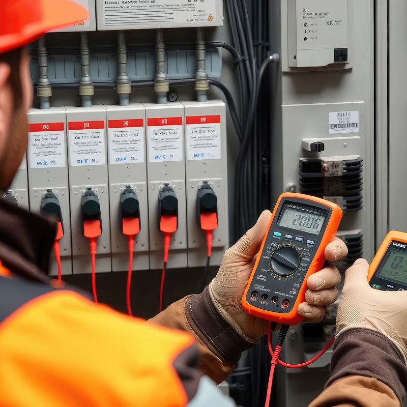 Électricien mesure panneau électrique avec multimètre Électricien en tenue de sécurité avec casque orange et gants, mesurant un panneau électrique. Il tient deux multimètres affichant 20.06.