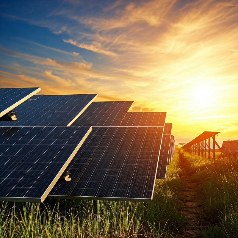 Panneaux Solaires au Coucher du Soleil : Énergie Renouvelable Rangées de panneaux solaires dans un champ luxuriant au coucher du soleil, le ciel vibrant d'orange et de bleu. Symbole d'énergie verte.