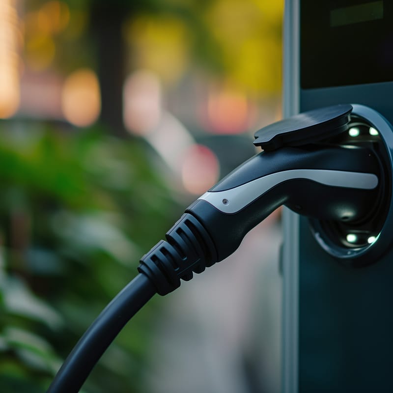 Recharge Véhicule Électrique : La Mobilité Durable Câble de recharge de véhicule électrique branché sur une borne moderne, avec des lumières LED activées et un fond flou de verdure.