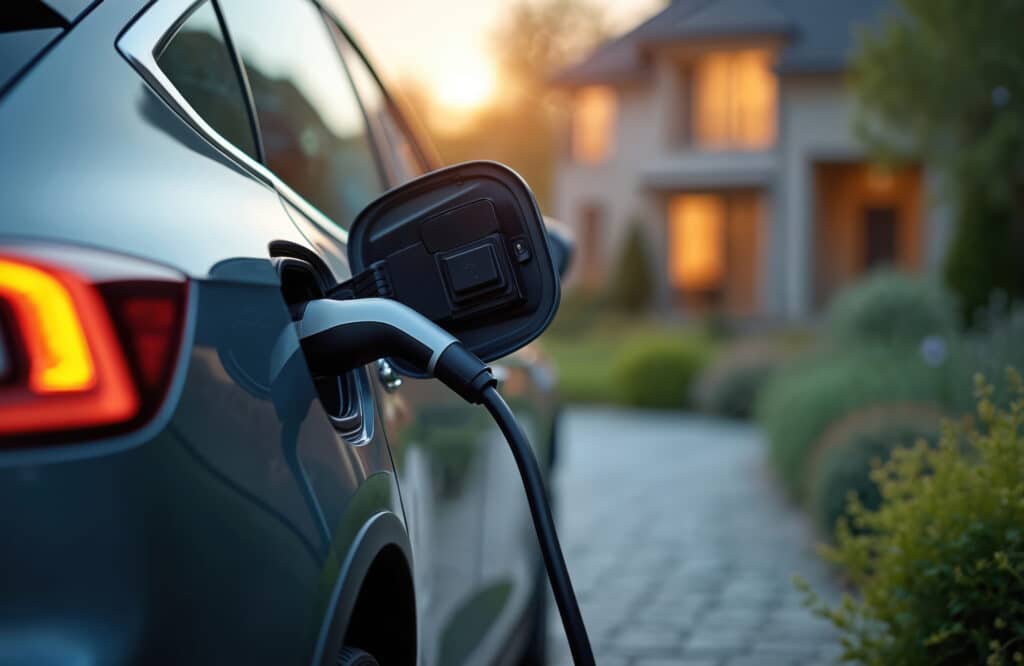 Recharge de voiture électrique à domicile : Facile et efficace SUV électrique bleu-gris en charge sur une borne, câble branché. Arrière-plan flou d'une maison illuminée au crépuscule, sur une allée.